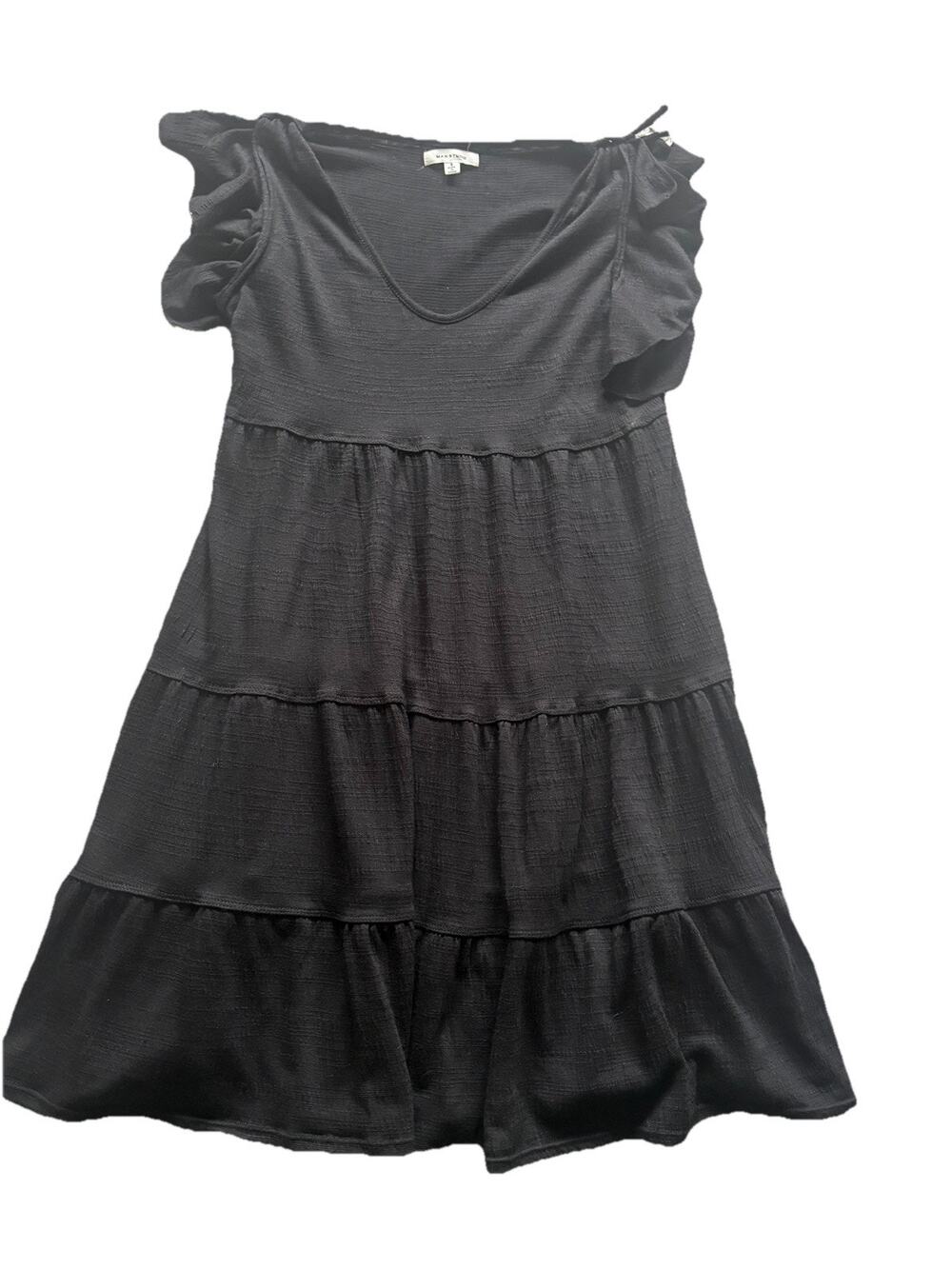 Max Studio Black Ruffle Flutter Cap Sleeve Tiered Babydoll Midi Dress Size M Y2K